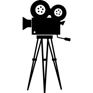 Black silhouette of a vintage movie camera on a tripod.