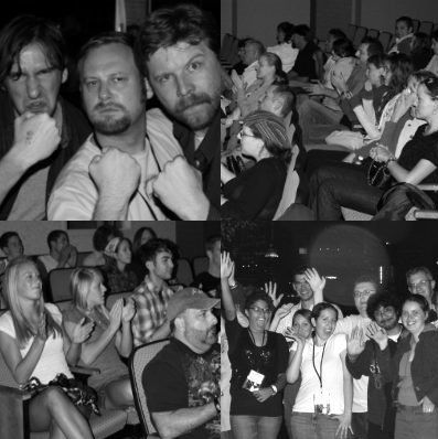 Four black and white photos: people at an event. Men in the top left clench fists. Others in a room listen and applaud.