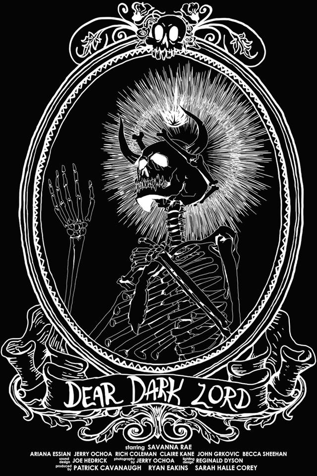 Black and white art: Skeleton with halo and horns in ornate frame; reads
