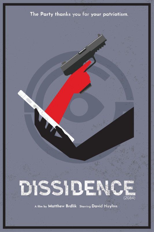 Poster: Red hand with gun over a phone, shadow hand underneath.