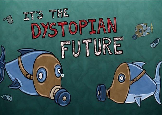 Two fish wearing gas masks in a green polluted environment; text reads