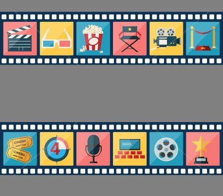 Film strip border with movie-themed icons: clapboard, 3D glasses, popcorn, director's chair, camera, tickets, countdown, microphone.