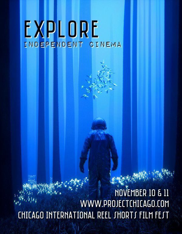 Poster for a film festival: Astronaut in blue forest, text