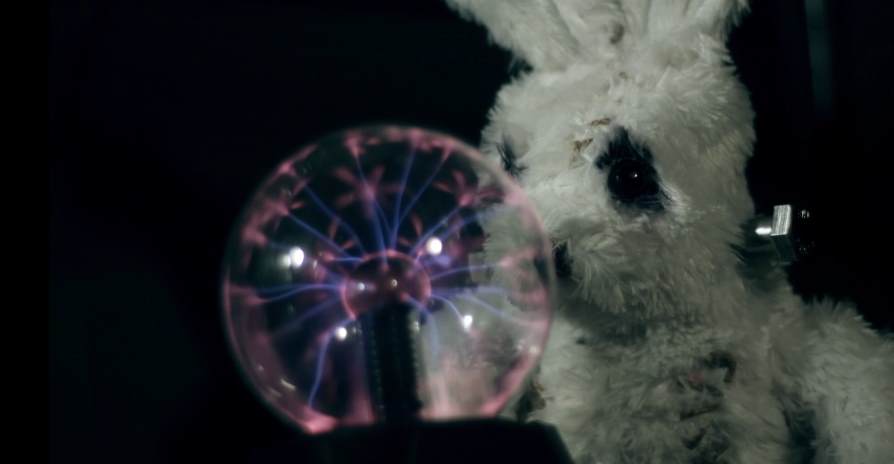 A stuffed white rabbit stares at a plasma ball, its dark eyes filled with curiosity in a dim setting.