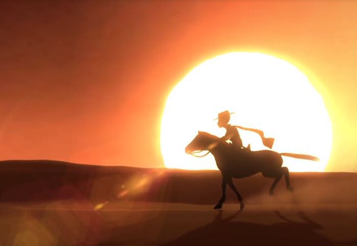 Silhouette of rider on horseback against a setting sun in the desert.