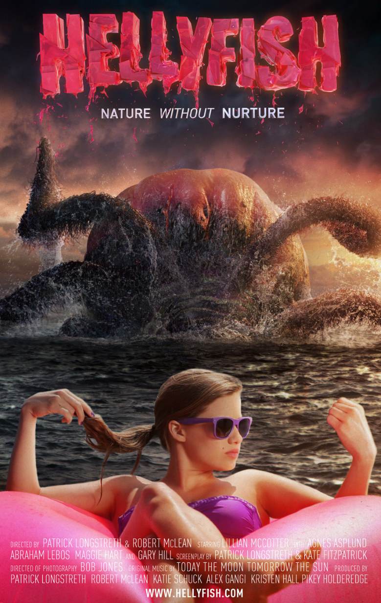 Poster: Girl floats on pink inflatable, giant jellyfish rises from sea, text