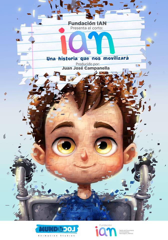 Cartoon boy in a wheelchair smiles, with pixels partially surrounding his head;