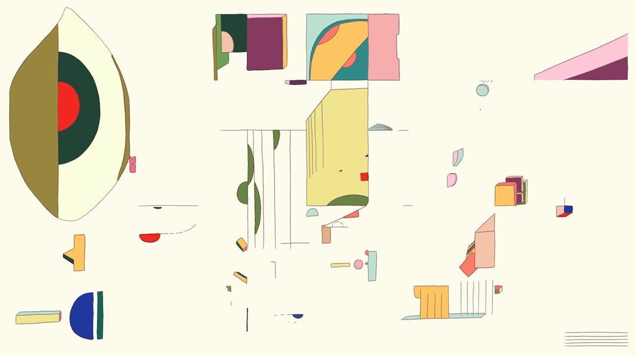 Abstract composition of colorful geometric shapes and a large eye-like form on a cream background.