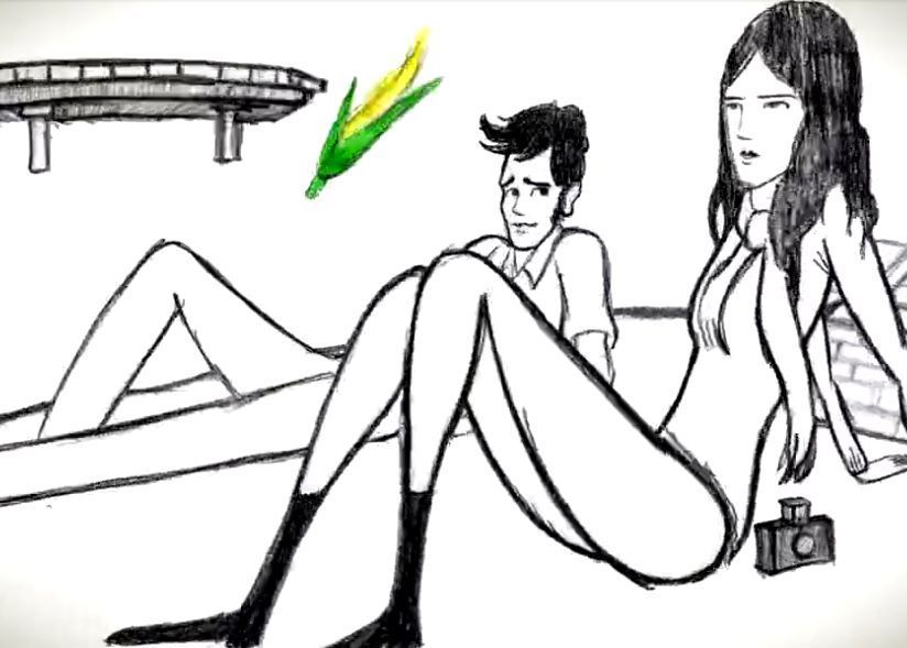 Cartoon couple lounging; woman with long legs; corn, camera, bridge sketch.