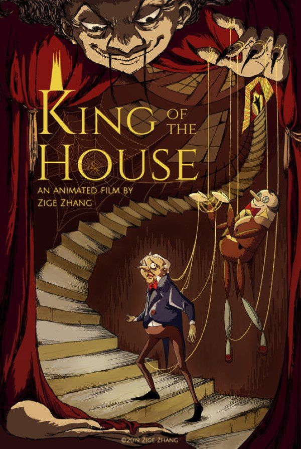 Animated poster: A puppet master controls marionette of a man ascending stairs. Dark setting, ominous vibe.