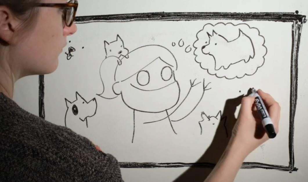 Woman drawing a cartoon of herself with dogs, one in a thought bubble.