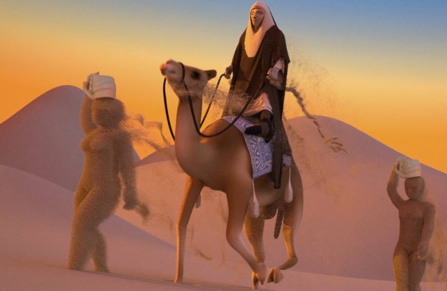 Man riding a camel in the desert, followed by two figures made of sand, with a sunset background.