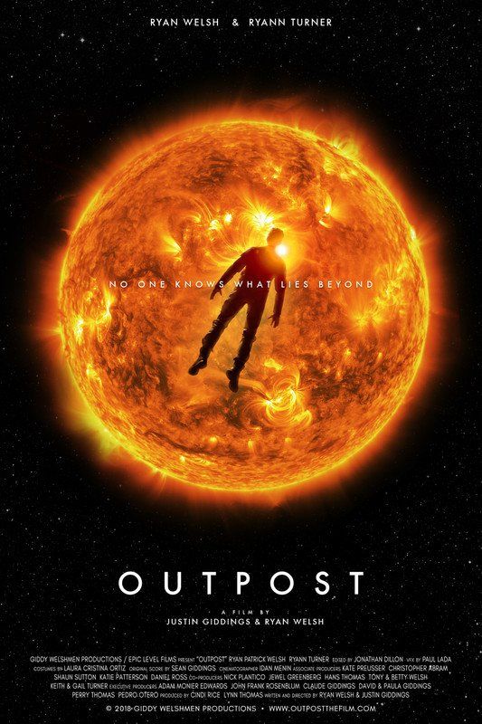 Man floating towards a bright orange sun in a dark space, text