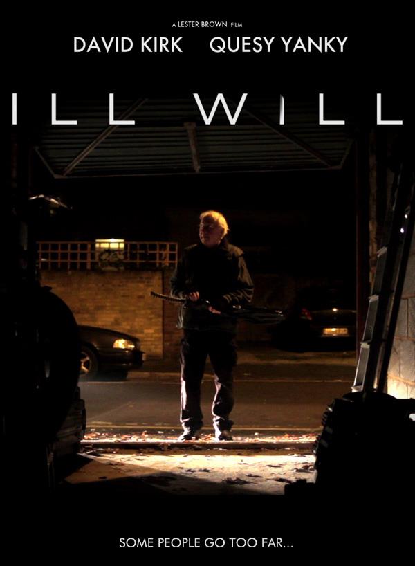 Man holding a gun, standing in a garage at night, with text