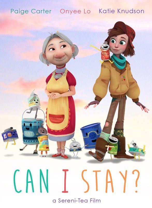 Animated film poster. A girl and an elderly woman stand with animated robots against a pastel sky. Title: Can I Stay?