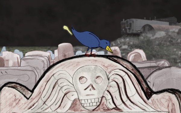 Blue bird pecks at a skull-decorated headstone in a graveyard.  Dark, hazy background.