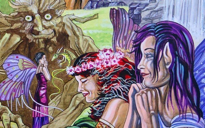 Fairies and a tree-like creature in a colorful forest setting. Fairies smile, one with wings gazes at a creature.