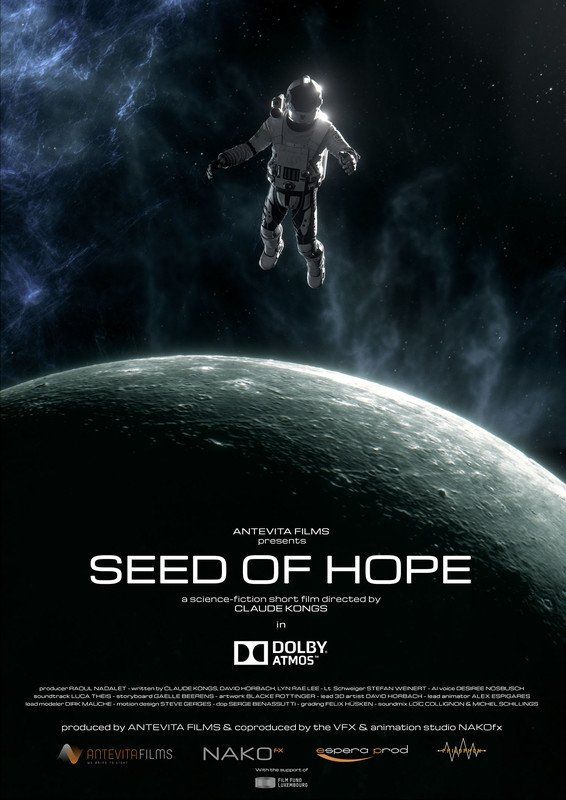 Astronaut floats in space above a planet; film poster for