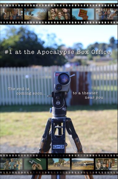 Movie camera on a tripod outdoors with film strip frame and text: