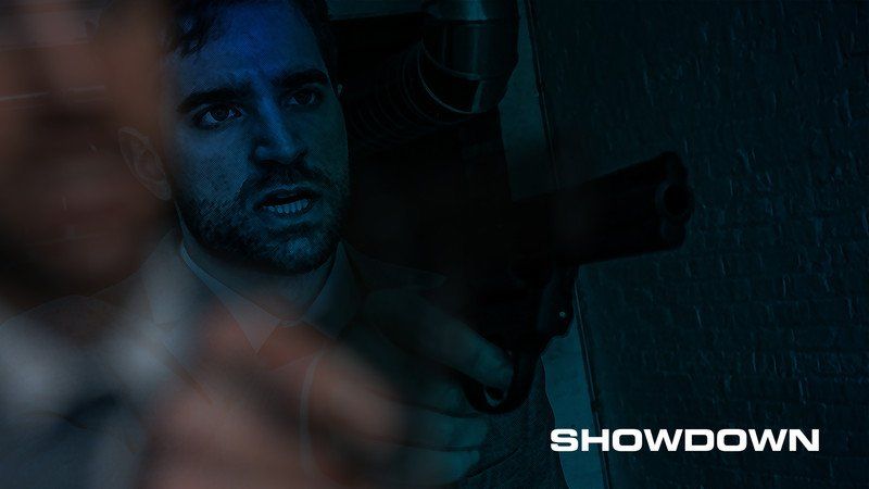 Man holding a gun, looking tense, in a dark, blue-lit setting with the word