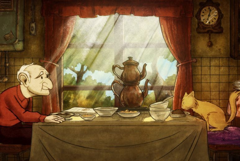 An elderly man and a yellow cat in a sunny kitchen, seated at a table set for tea.