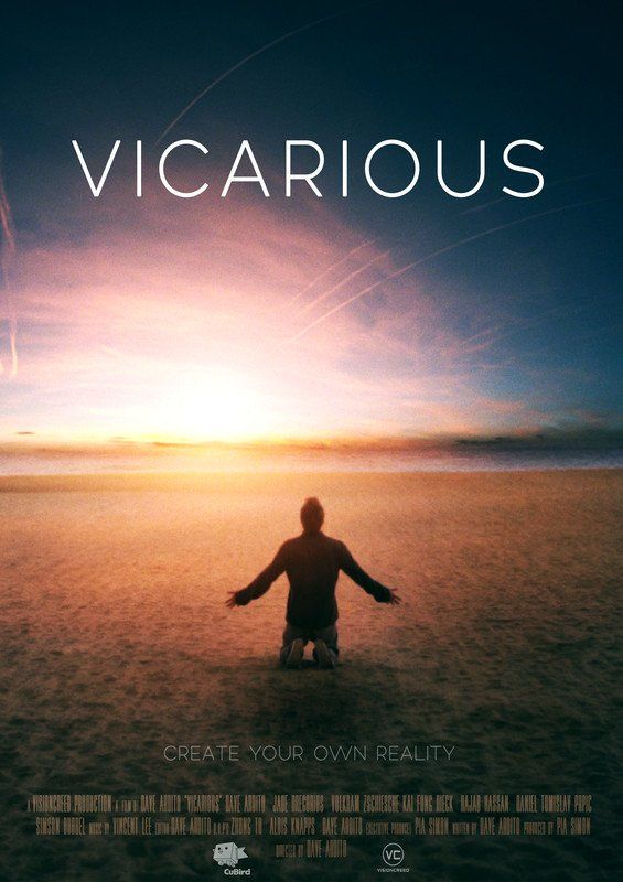Man kneels on beach at sunset, arms outstretched. Title: