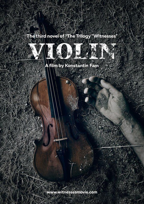 Violin on ground next to a dirt-covered hand. Grayscale setting.