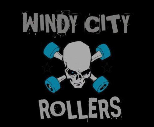 Windy City Rollers logo: Skull with crossed roller skates on black background. Grey text, blue wheels.