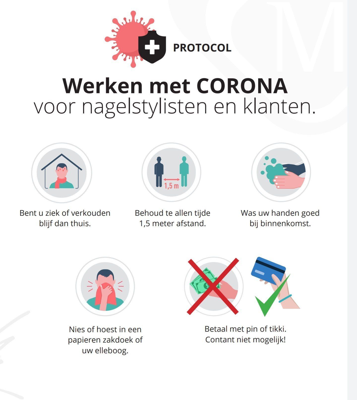 A poster that says werken met corona voor nagelstylisten en klanten.