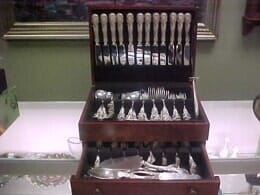 Wooden Box with Sterling Silver knives, forks, spoons-antiques store-South Burlington VT Wooden Box with Sterling Silver knives, forks, spoons-antiques store-South Burlington VT