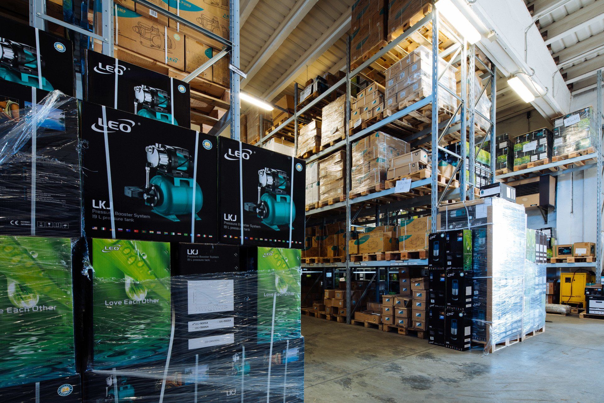 warehouse shelves stacked with water purifiers