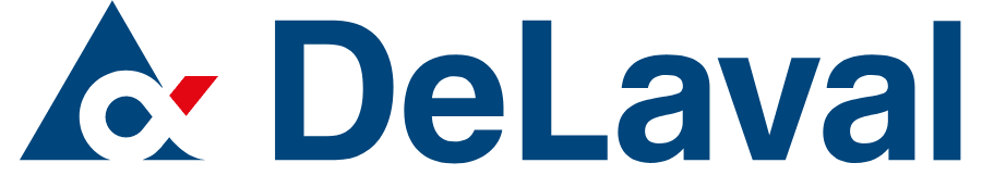 Het DeLaval-logo met blauwe tekst en een rood-blauw embleem op een witte achtergrond.