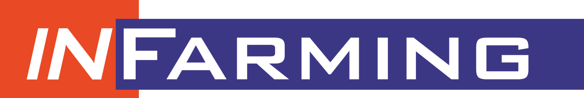 IN FARMING-logo in wit en oranje op een blauwe achtergrond