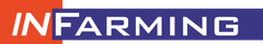 IN FARMING-logo in wit en oranje op een blauwe achtergrond