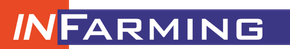 IN FARMING-logo in wit en oranje op een blauwe achtergrond