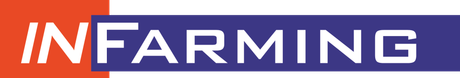 IN FARMING-logo in oranje, witte en blauwe tekst op een donkerblauwe achtergrond