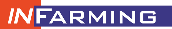 IN FARMING-logo in oranje, witte en blauwe tekst op een donkerblauwe achtergrond