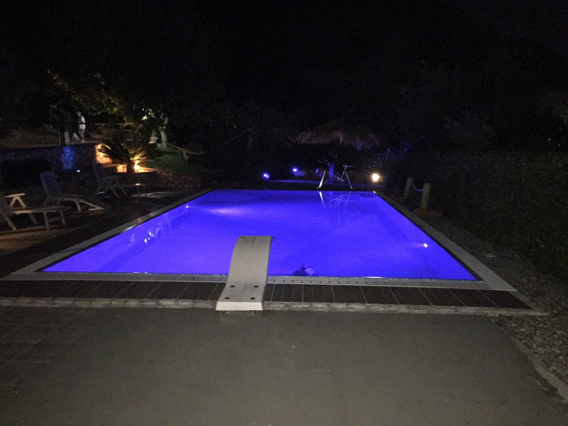 Vista notturna di una piscina rettangolare illuminata di blu, trampolino, alberi e cespugli circostanti scuri.
