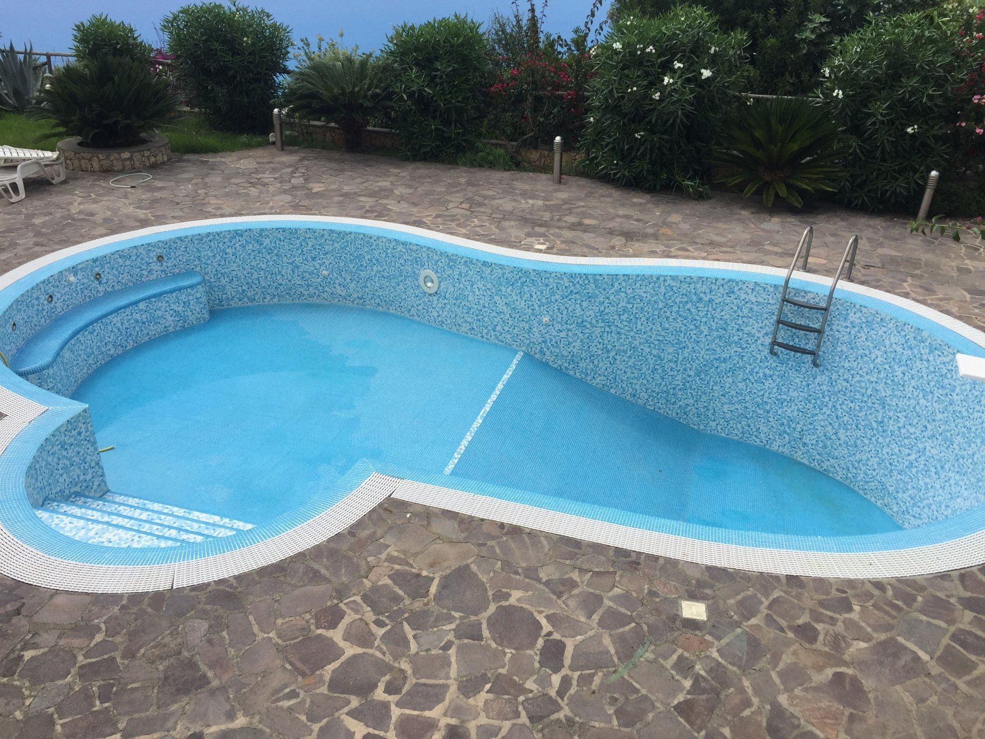 Piscina vuota a forma di rene con interni in piastrelle blu, circondata da pavimentazione in pietra e vegetazione.