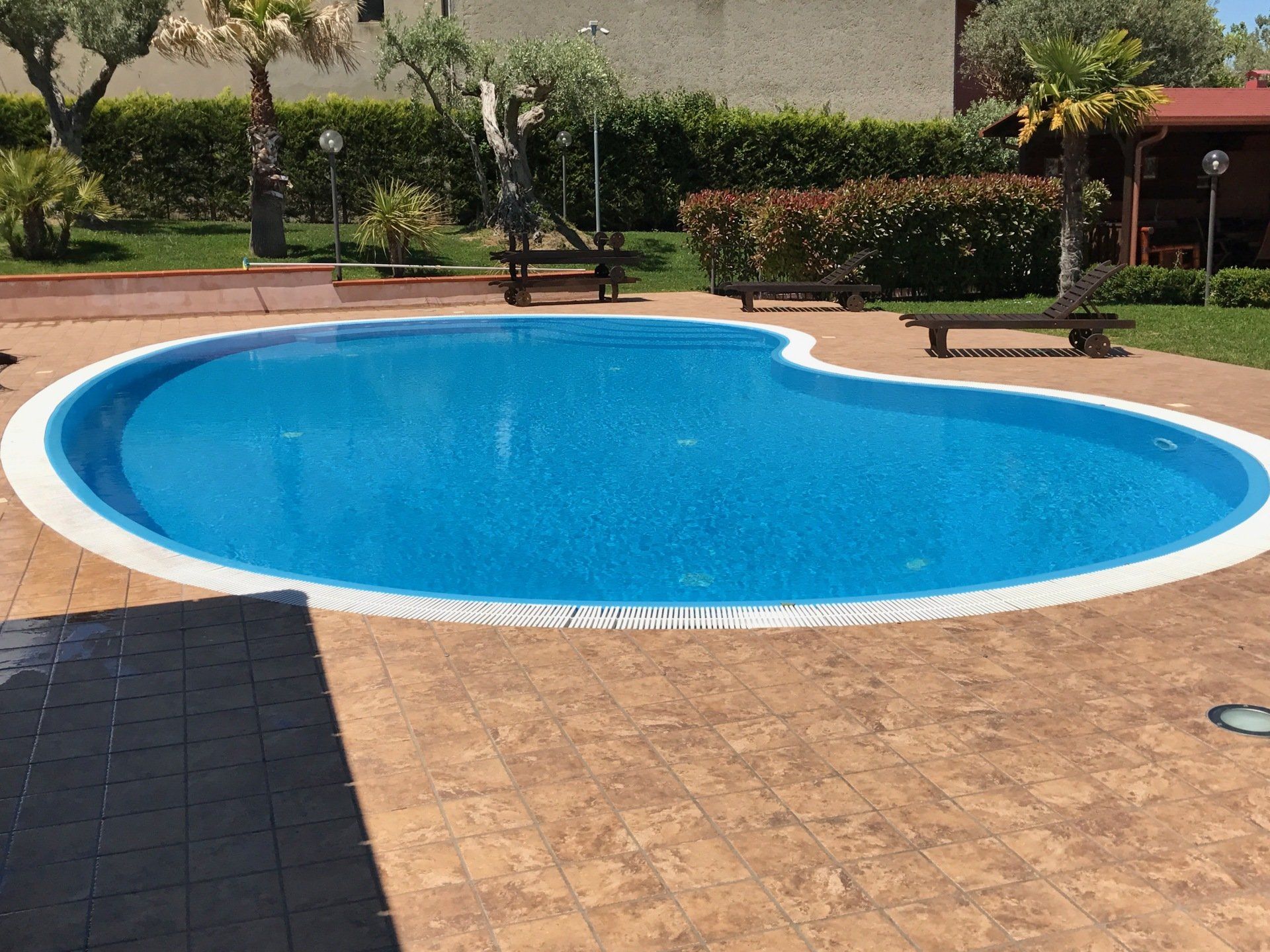 Piscina con acqua azzurra circondata da un patio marrone e siepi verdi.