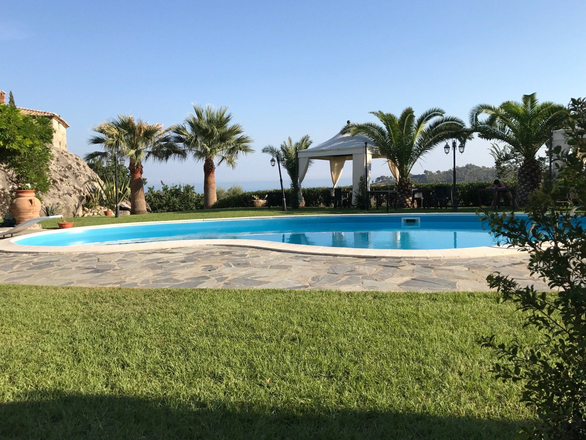 Piscina circondata da prato verde, palme e un gazebo sotto un cielo azzurro.