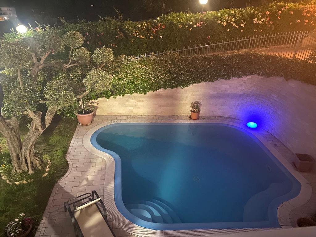 Vista notturna di una piscina circondata da un patio, alberi e fiori sotto le luci esterne.