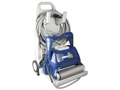 Pulitore automatico per piscina blu e bianco con cavo e carrello.