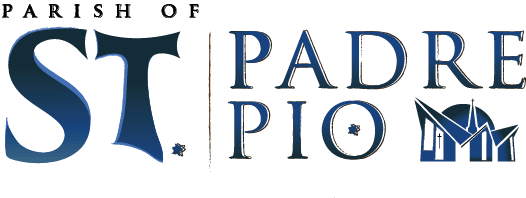 Logo for the Parish of St. Padre Pio, with text and a cross/building graphic.