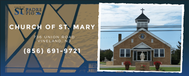 Church of St. Mary sign with church building photo on a blue background.