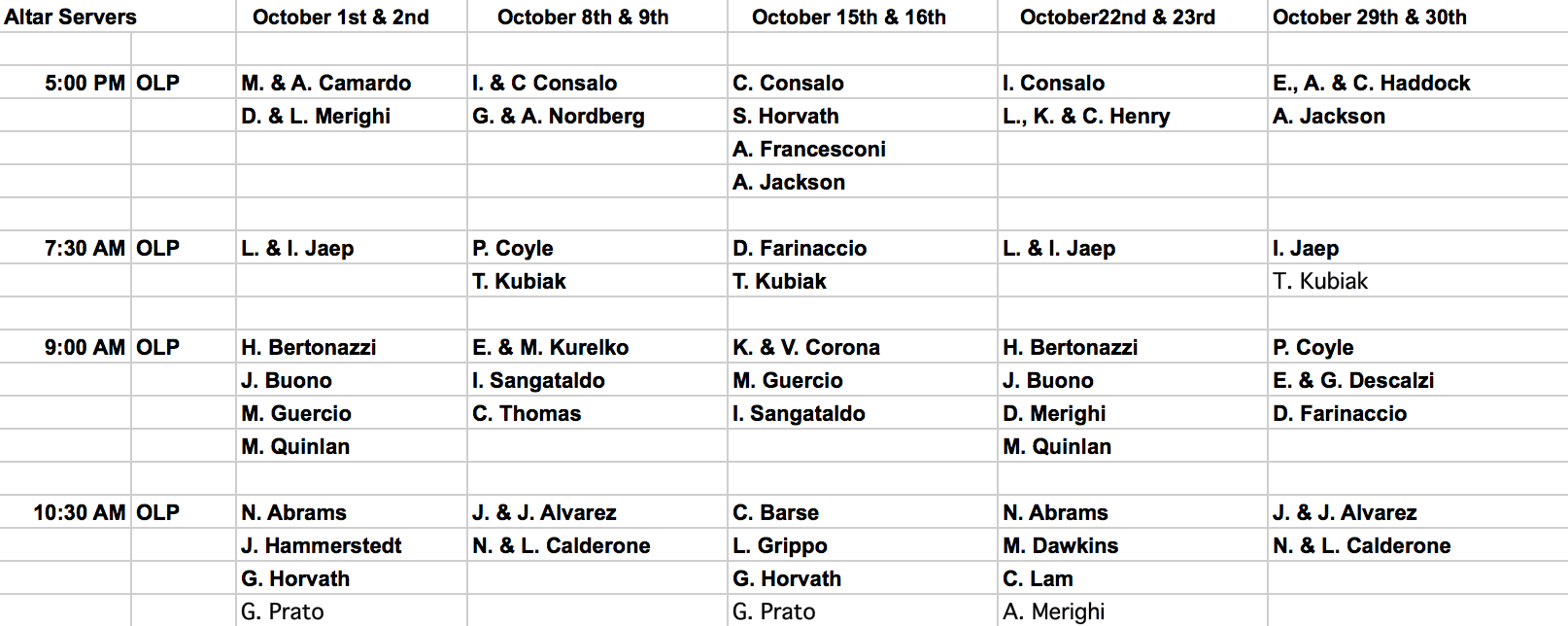 A table of names organized by time slots and locations.