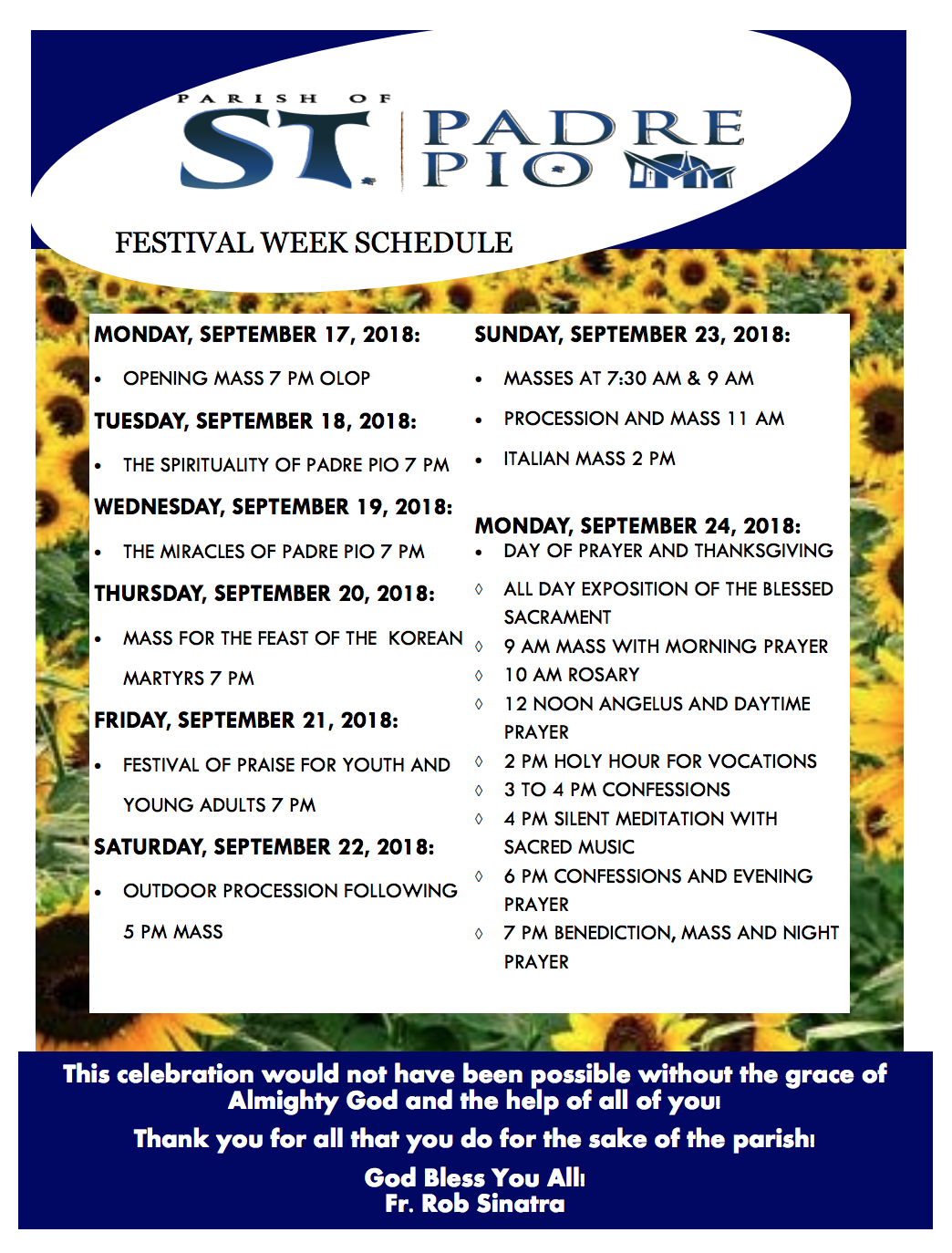 Festival Week Schedule with dates, events, and a thank you note.