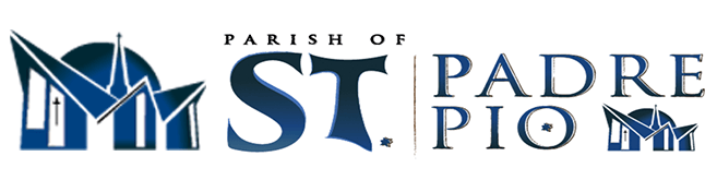 Logo for the Parish of St. Padre Pio with blue stylized church and text.