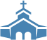 Blue church with cross on steeple.