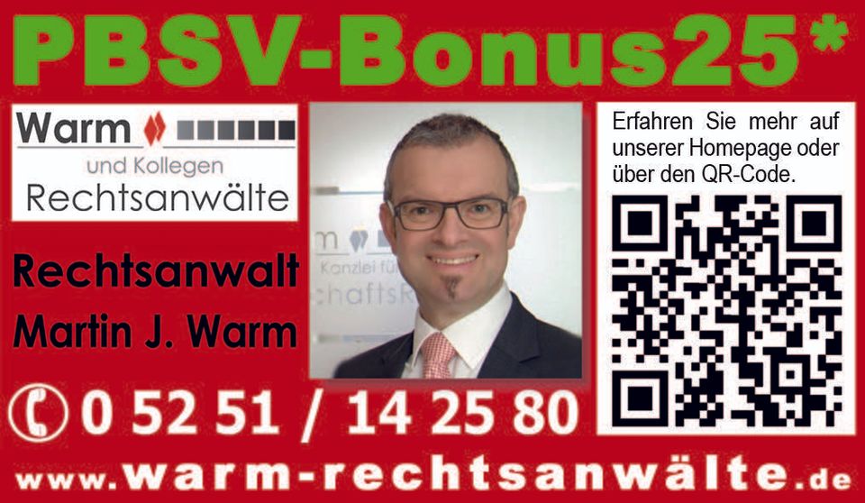 An dieser Stelle befindet sich der Gutschein PBSV-Bonus25 aus dem Schützen Jornal 2017 für den Kreis Paderborn der Anwaltskanzlei Warm & Kollegen Rechtsanwälte
